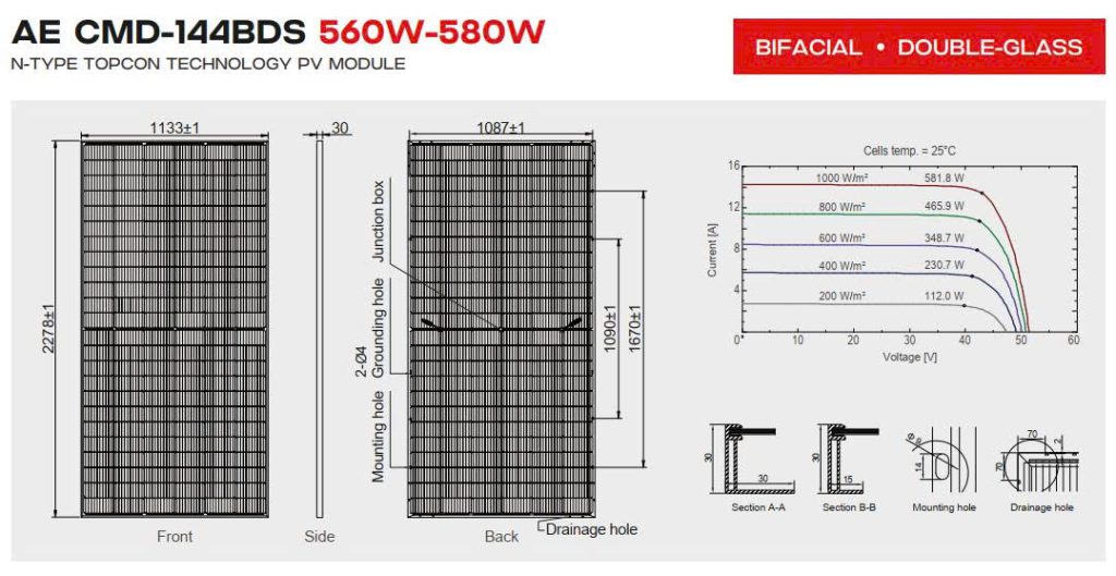 Tấm Pin Năng Lượng Mặt Trời AE Solar 580W 2 Mặt Kính | AE580CMD-144BDS